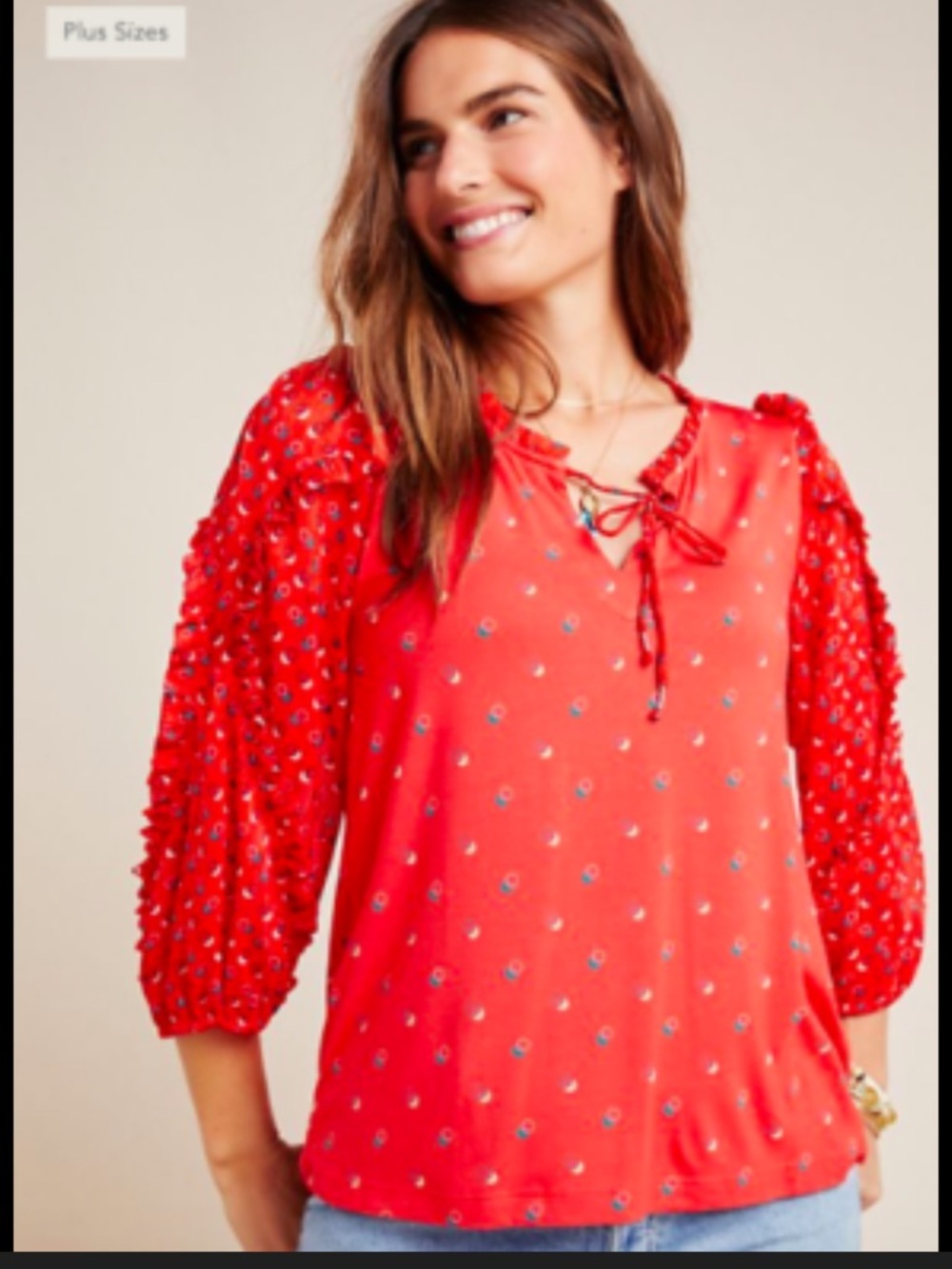 Maeve Red Long-Sleeve Peasant Top with Lace Tie